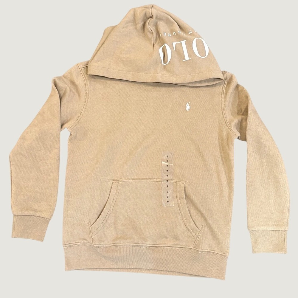 Polo Ralph Lauren Boys Tan Khaki Logo Hood Hoodie Sweatshirt Size 7